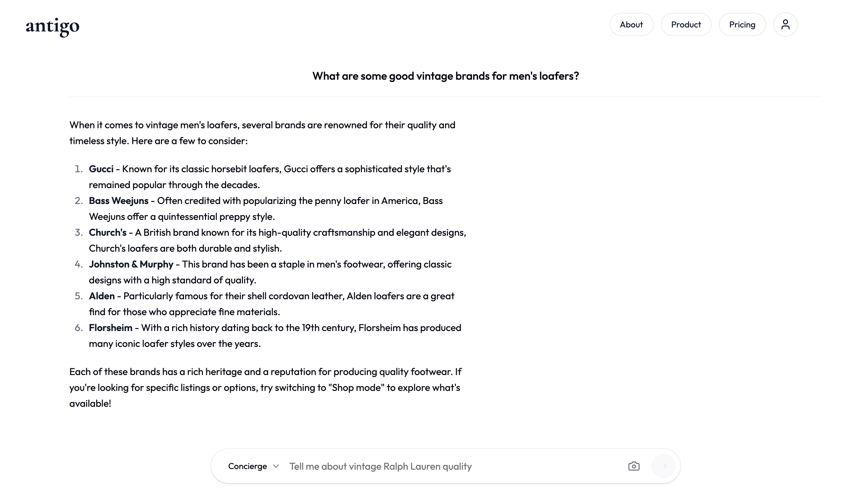 Antigo Concierge mode conversation with curated recommendations