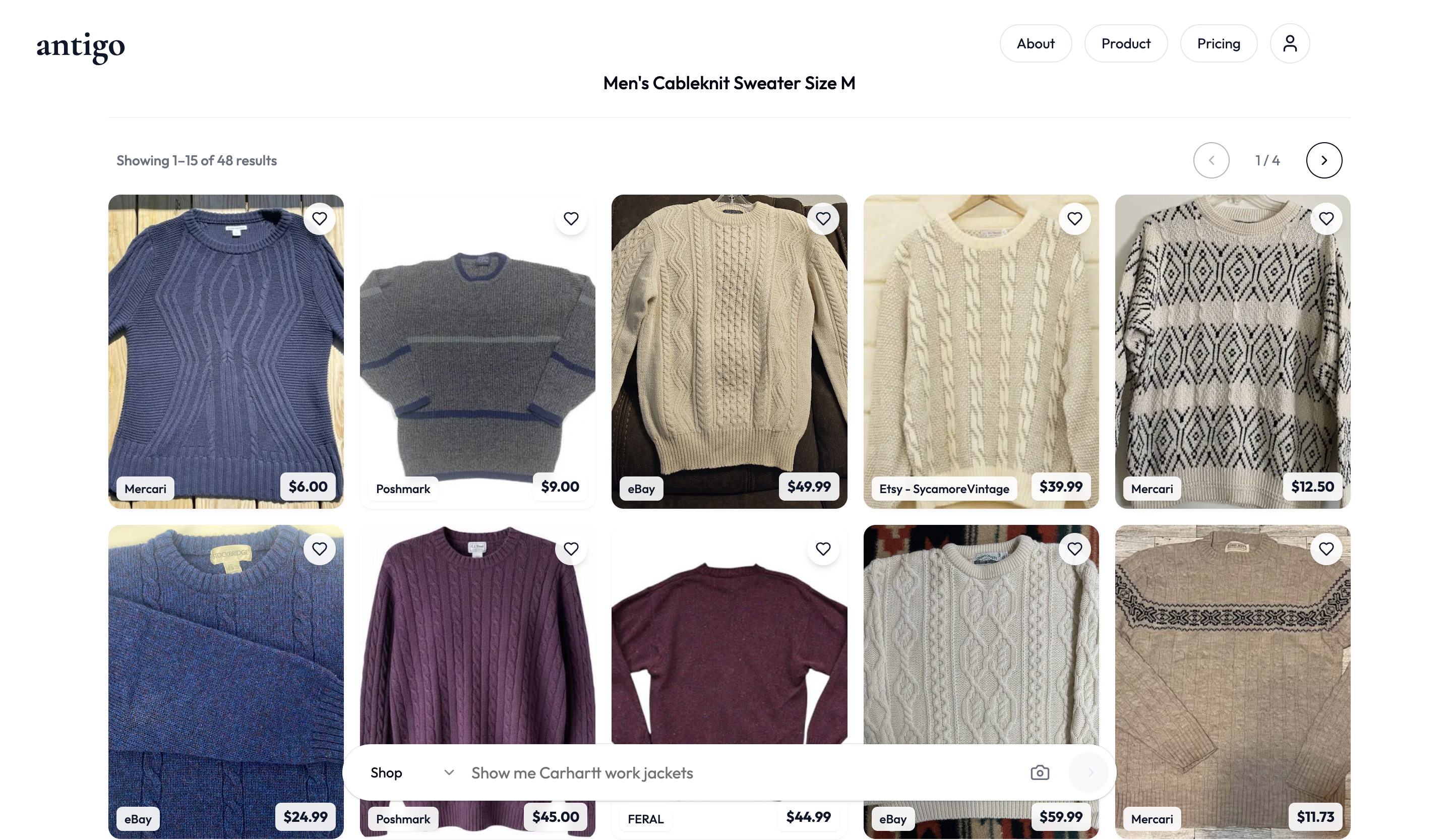 Antigo Shop mode showing merged marketplace results